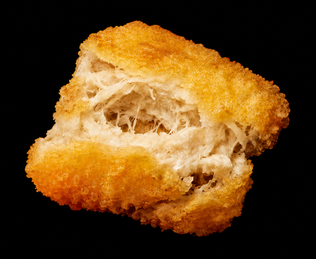 Close-up of a Cluck Punk plant-based nugget torn open to show the pulled, shredded inside under a golden crust