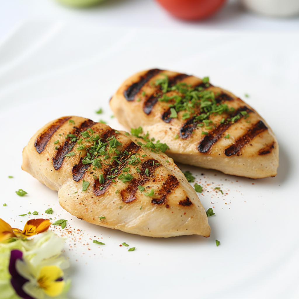 Two grilled plant-based chicken breasts with grill marks and herbs on a white plate